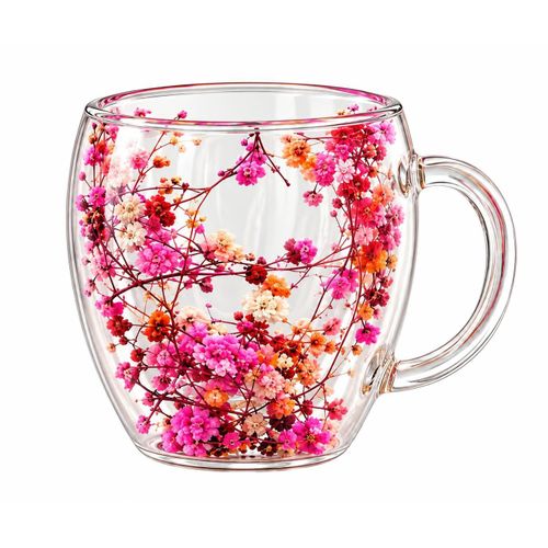 A glass mug adorned with colorful flowers an elegant, modern design for serving hot and cold beverages