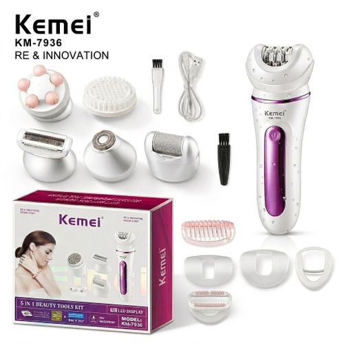 KM-7936 Women's Hair Remover and Trimmer - Latest Version, 5-in-1 Multi-Use Device: Hair removal for underarms, bikini area, and feet, exfoliation, facial massage, rechargeable.