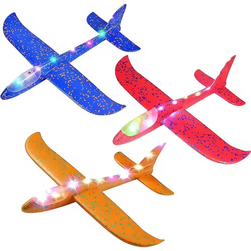 LED Light Up Glider Planes, 3-Pack Foam Aircraft Toys with Flashing Lights, Blue Red Orange, Outdoor Flying Toys