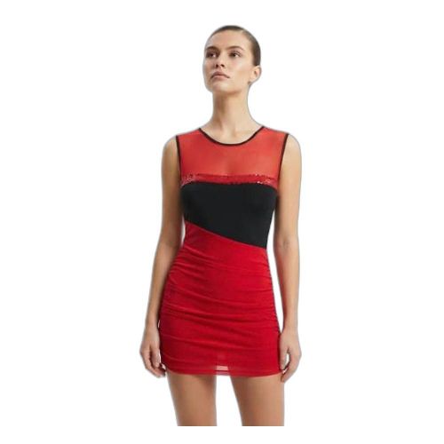 Women's Ruched Mesh Bodycon Mini Dress - Sleeveless Colorblock Party Dress with Sequin Trim - Red and Black