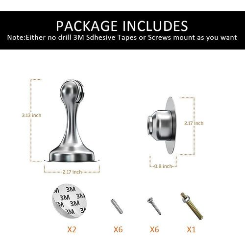 Door Stopper, 2 Pack Magnetic Door Stop,Stainless Steel 201 Door Catch Holder,3M Double-Sided Adhesive Tape, No Drilling, Screws for Stronger Wall & Floor Mount,Hold Door Open