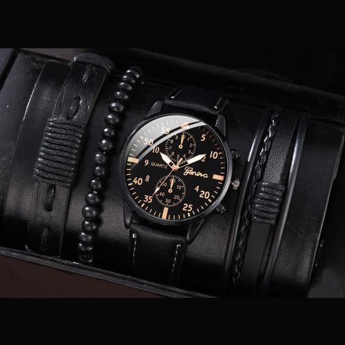 Men Watch Versatile Business Belt Quartz Watch Bracelet Set - Black