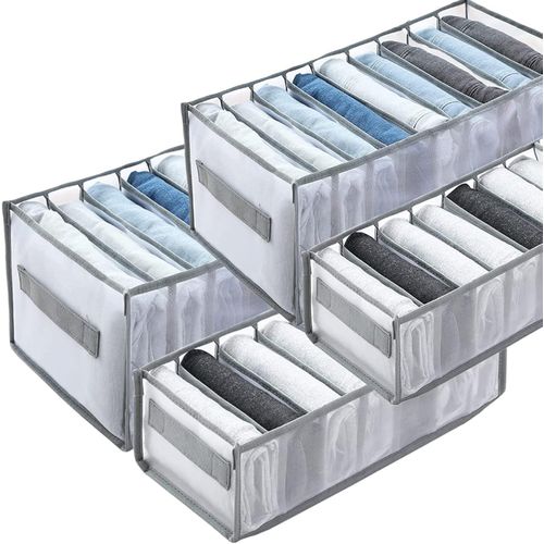 Portal Wardrobe Clothes Organizer, 4Pcs 9 Grids Upgraded Jeans Compartment Storage Box Foldable Closet Drawer Washable Organizers and Mesh Separation for Jeans, Shirt, Legging, Gray