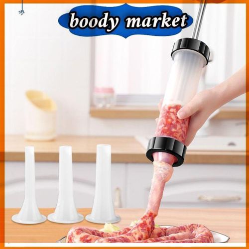 A manual sausage stuffer made of stainless steel, equipped with three interchangeable tubes.