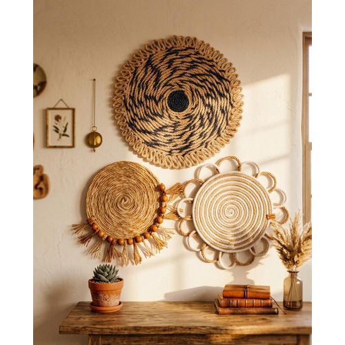 Natural Wicker and Cotton Wall Coasters & Decorative Wall Hangings - Set of 3 Coasters (30, 28, and 25 cm) Zigzag Design with Wooden Beads
