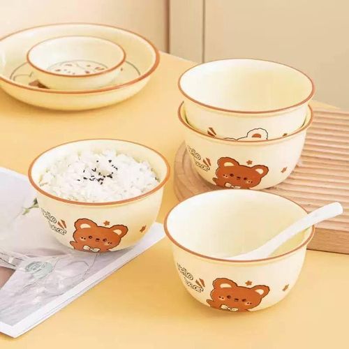 Decorative Porcelain Rice Bowls with Teddy Bear Design, Cream and Brown, 10cm, Set of 6, Andalusian Style .ex