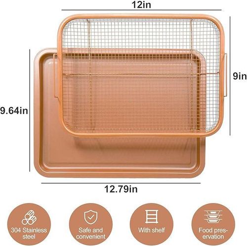 2-Piece Non Stick Baking Tray Set French Fries Basket Copper Crispy Tray Drip Rack with Crispy Tray and Biscuit Chips Suitable for Oven