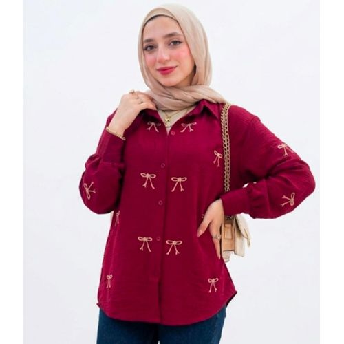Premium Imported Linen Womens Shirt - Elegant Bow Embroidery - burgundy