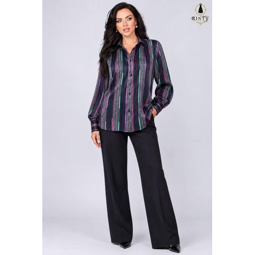 A chic womens shirt style blouse featuring a modern design with geometric stripes and vibrant colors