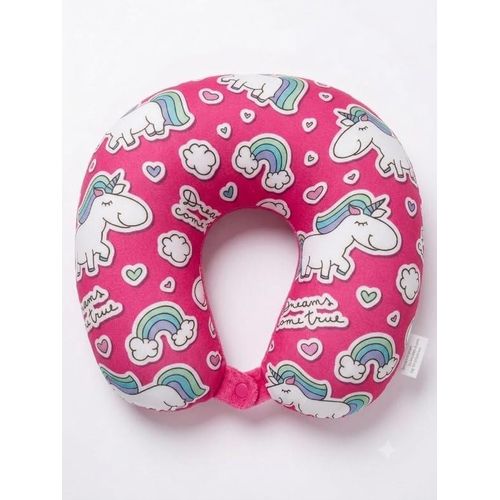 Cute U-shaped unicorn neck pillow for kids, made of soft velvet fabric with elastic filling and a snap closure. Suitable for car, plane, train, travel, sleeping, and everyday use. Pink color.
