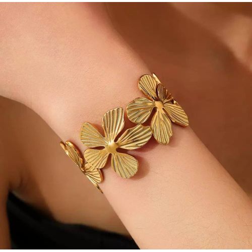 Stainless Steel Gold Feather Cuff Bangle – Waterproof Tarnish-Free Statement Bracelet for Women