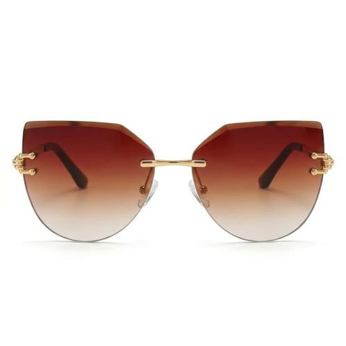 Women's frameless sunglasses with a cut hexagon design - dark gray lenses and gold arms with a connected ring design - luxury UV protection sunglasses, 2026 model.