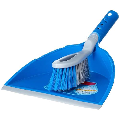 plastic dustpan and broom set with flexible bristles, silicone lip and handle, for sweeping floors and corners