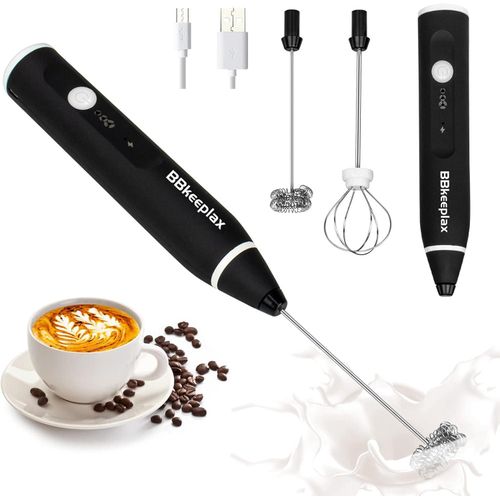 BBkeeplax Milk Frother Handheld Foam Maker USB-Rechargeable Drink-Mixer with 2 Stainless Whisks 3-Speed Adjustable Coffee Frother for Cappuccinos, Hot Chocolate, Milkshakes, Egg Mix (Black)