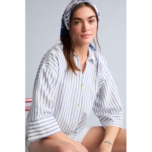 Oversize Fit Flap Collar Linen Look Striped Long Sleeve Shirt