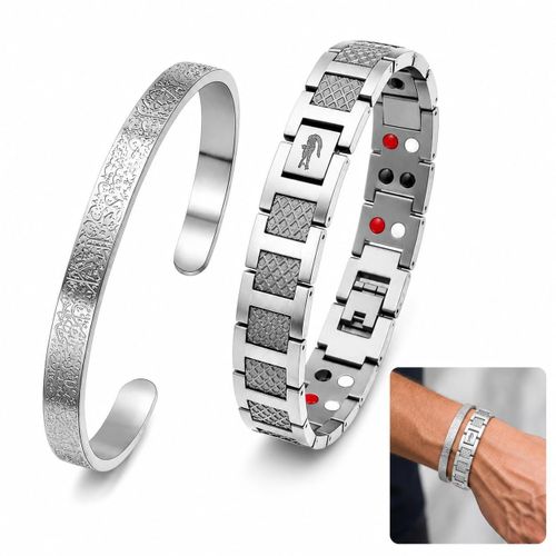Men's bracelets, two pieces (stainless steel) in royal silver color - one bracelet with a crocodile logo and one classic Ayat al-Kursi bracelet