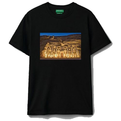 Black cotton t-shirt with Ancient Egyptian Temple Print, Graphic Artwork Design Pyramids