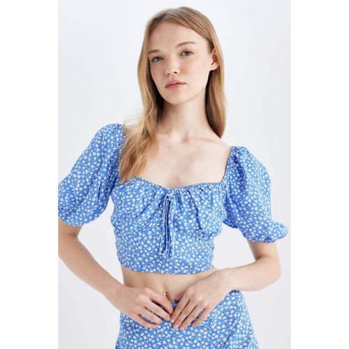 Fitted Square Neck Patterned Purpleoccan Fabric Short Sleeve Blouse