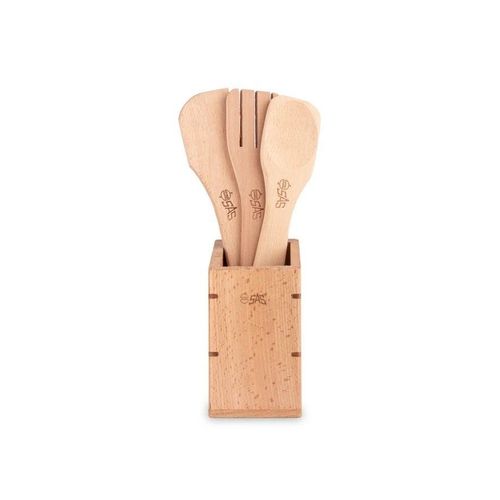 Elegant Wooden Utensil Stand with Spoon, Spatula & Fork Set