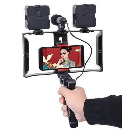 صانع الفيديو الاحترافي مع ميكروفون، 2 مصابيح LED مربعة محمولة بقوة 7 واط، حامل ثلاثي القوائم وتركيب، جهاز تحكم عن بعد - بلوكاما PK-778