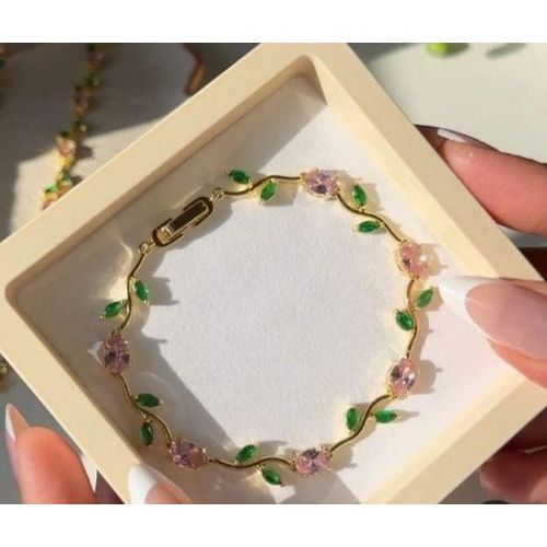 Gold Crystal Floral Bracelet for Women Stainless Steel Colorful Gem Jewelry