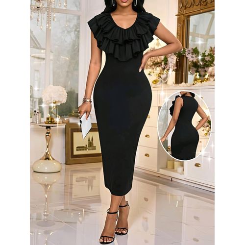 Women's Elegant Party Solid Color Ruffle Hem Fitted Mid-Length Dress