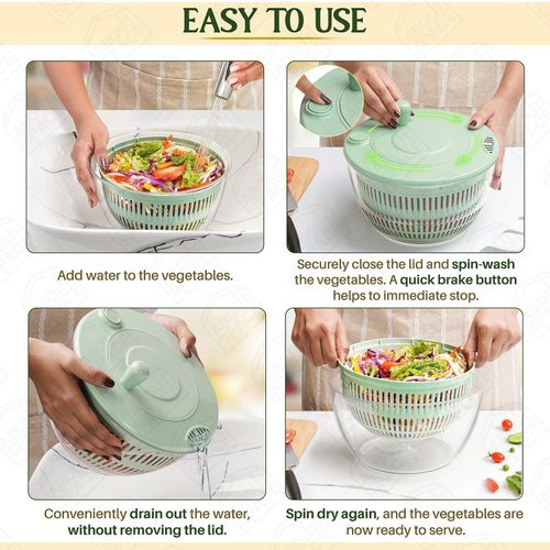 Salad Spinner, Vegetable Cleaner, Lettuce Strainer for Kitchen with Comfortable Handle, Drain Holes, Non-Slip Base, Checkered Strainer Basket and BPA-Free Transparent Plastic Salad Bowl