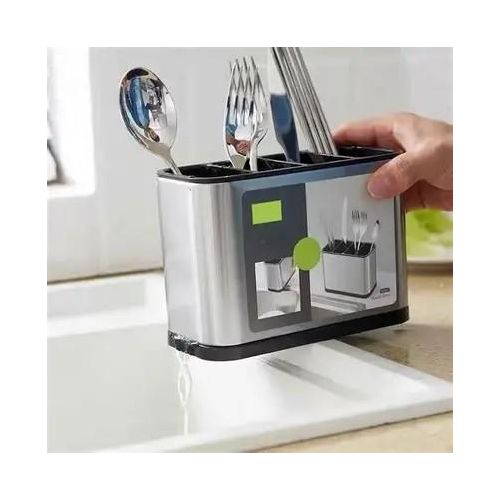 Safaya cutlery holder with kitchen spoon rack made of stainless steel with a large capacity, featuring a divider and a weighted base to prevent tipping. Suitable for all kitchens on the table or countertop, size 18x13x8.6 cm.