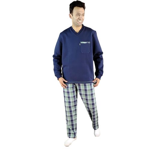 طقم بيجامة شتوية للرجال بأكمام طويلة وقاع كاروه - أزرق كحلي