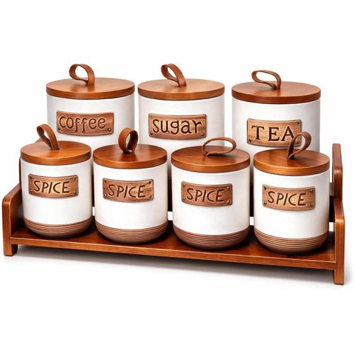 Ceramic Kitchen Jar Set with Wooden Lid, 7 Pieces with Wooden Stand, Coffee, Sugar, Tea, 4 Spices, Modern Stylish Design