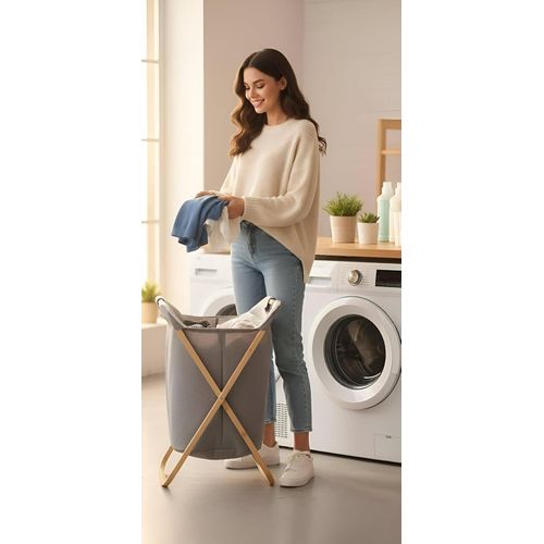 Laundry regulation basket - a portable and folding basket of Oxford with a bamboo surface, with handles, with a multi-color design to organize the bedroom and store dirty clothes