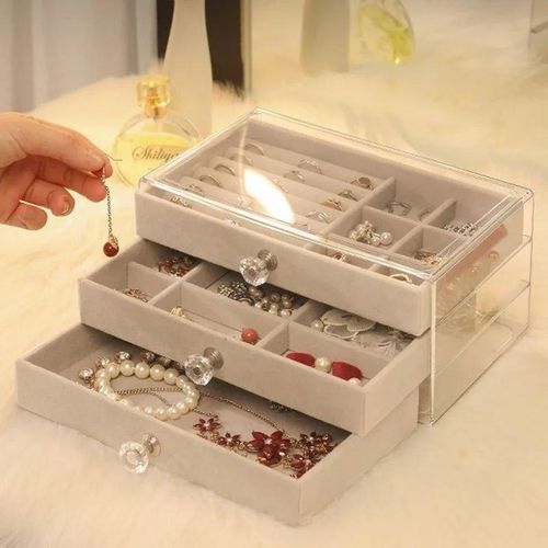 Acrylic Jewelry Organizer 3 Drawers Velvet Lined Multi-Compartment Storage Box