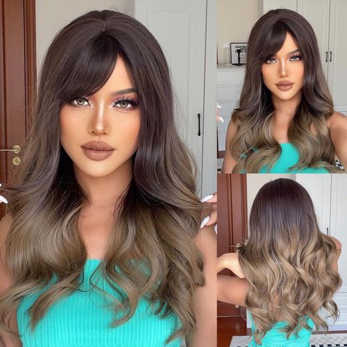 باروكة شعر صناعي طويل مموج لون بني