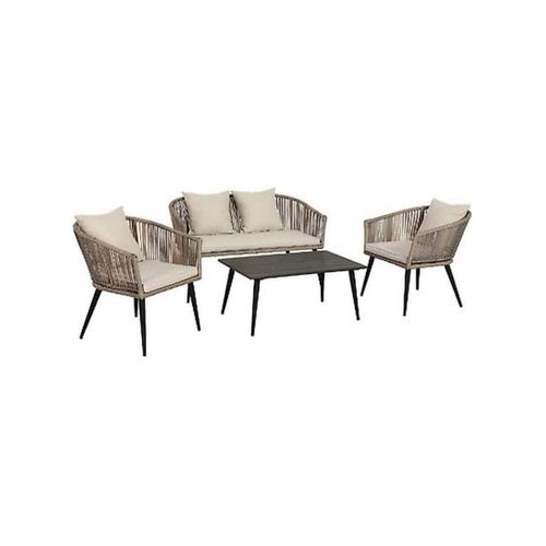 A rope set consisting of a sofa, two chairs, and a table. Sofa dimensions: 110*50 cm, chair dimensions: 50*50 cm, table dimensions: 50*80 cm. Main material: metal. Fabric material: jacquard.