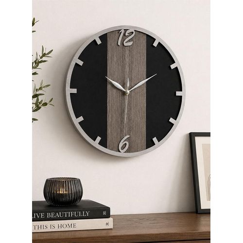 Modern Round MDF Wooden Wall Clock, 40 cm – Elegant Black & Wood Design
