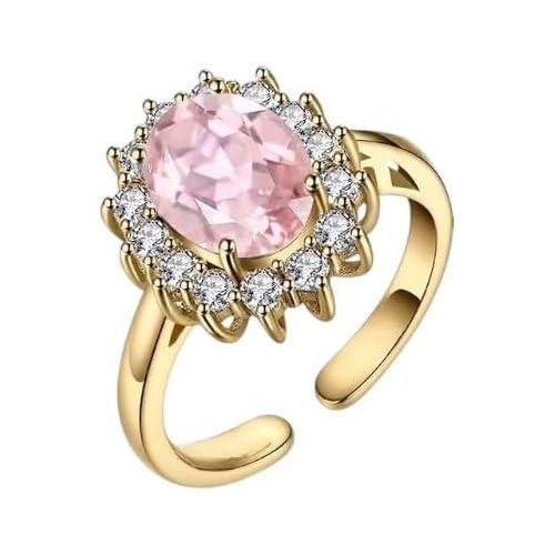 Elegant Gold Color Ring for Women - Large Round Zirconia Surrounded by Shiny Lobes, Luxury Sparkle Ring for Women - Suitable for Occasions and Gifts (PINK)