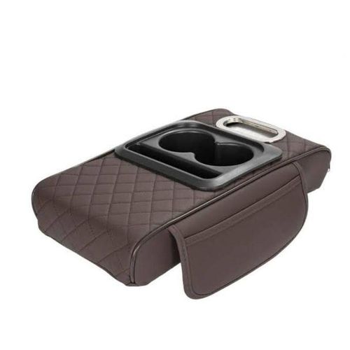 Luxury Premium Quilted Leather Car Armrest Cushion with Dual Cup Holder Non-Slip Universal Car Console Box Pad and Phone Organizer