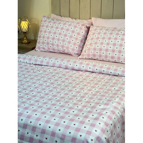 Yarlin- Bed Set (Fitted Bedsheet for 160 cm beds and 2 Small Pillowcases (Pink Cheks&Bows) Design
