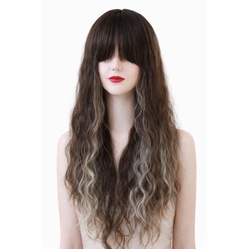 A wig for women of medium length curly made of thermal fiber in brown with highlighted blond locks with front bangs on the forehead