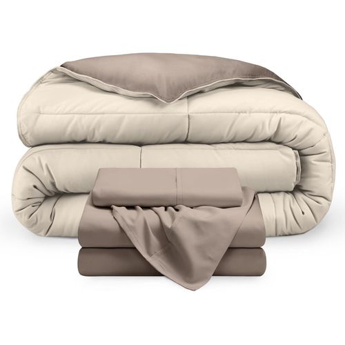 Complete bed set - consisting of 5 pieces - Quilt in one color, size 225 * 235, fitted sheet with elastic, size 180 * 200, pillowcase, size 45 * 180, 2 pillowcases, size 50 * 70 - The set is stylish and practical, in two harmonious colors (CAFFEE & BEIGE)