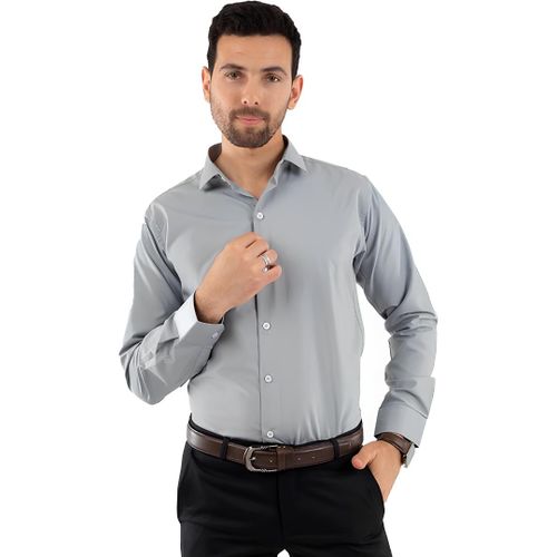 Men Classic Microfiber Shirt, Grey Long Sleeve Button-Down Shirt with Spread Collar, Wrinkle-Resistant Classic Fit – EU Size 50