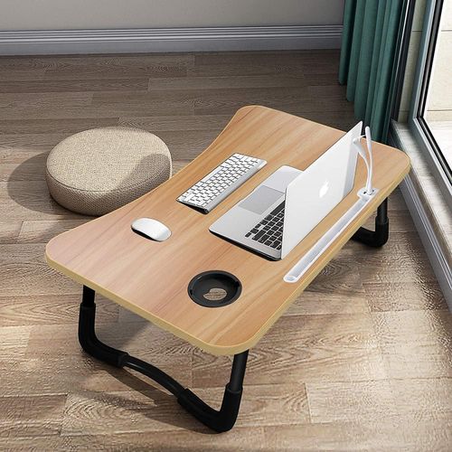 Folding Bed Table, Laptop Bed Stand with 4 USB Ports/Drawer/Slot for Cup/Tablet Stand, Suitable for Bed, Sofa, Floor (60 x 40 cm, Wood Colour)