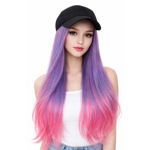 A wig for women with a medium-length hat made of thermal fiber in purple and an ombré on the ends in pink.