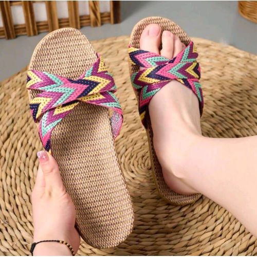 Womens Lightweight Indoor Slippers Linen Flat Non-Slip Bohemian Style SLIPPER