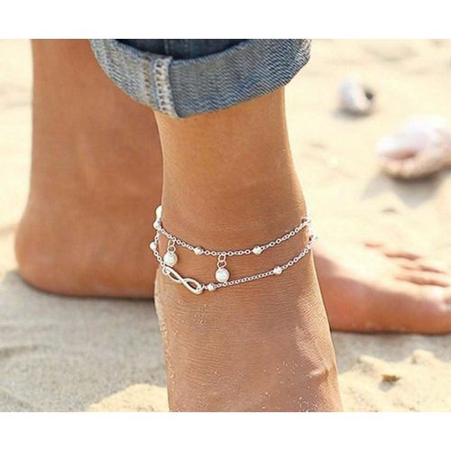 Women's Anklet Of Off-White Pearls with Silvery Chain ( Infinity)