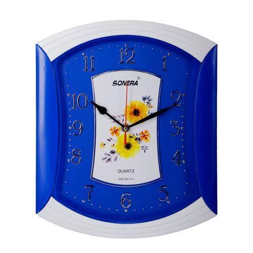 27 cm Square Wall Clock, Quartz Analog Wall Clock, Durable Plastic Blue Frame, Decorative Rose Design, Large Easy-to-Read Numbers for Home, Office, Living Room, Bedroom & Kitchen
