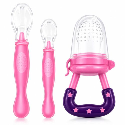 3-Piece Baby Feeding Set, Silicone Fruit Feeder with 2 Soft Feeding Spoons, BPA-Free Self Feeding Set for Fruits, Purees & First Foods Pink