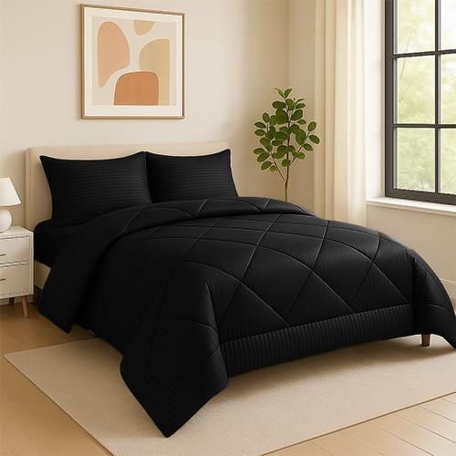 لحاف فندقي شتوي مخطط جاكارد، أسود