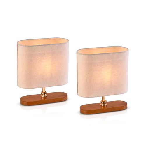 Set of 2 Modern Wooden Table Lamps with Oval Beige Fabric Shades