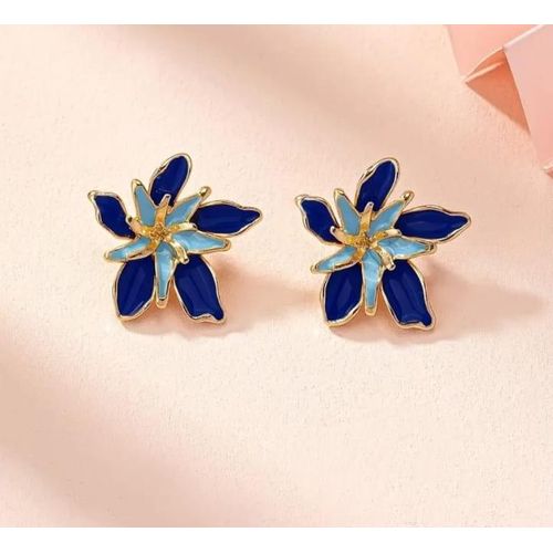 Elegant Layered Blue Flower Stud Earrings with Gold Trim